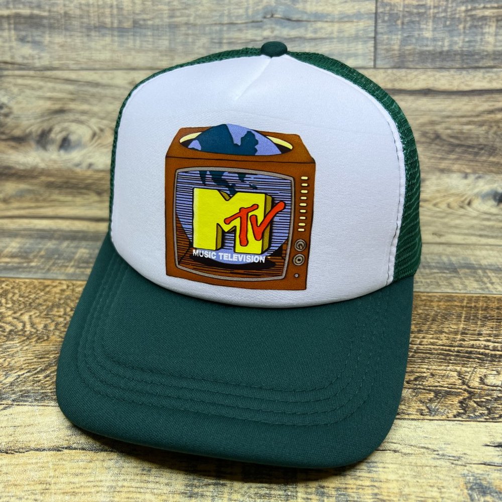 MTV Mens Trucker Hat Dark Green Snapback TV Globe Retro Television 90s Nostalgia